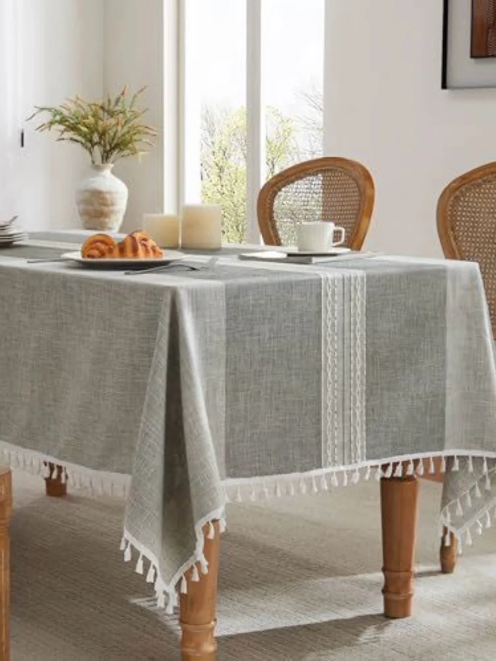 Gray and White Tassel Tablecloth - Home Dining